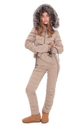Beige down-insulated snow suit with full-zip front, hood, and faux-fur trim.