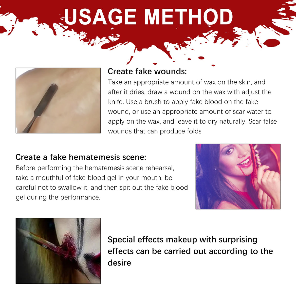 Halloween special effects makeup kit showing wax scar and water wound application