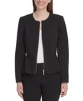 Black zip-front peplum jacket with long sleeves and peplum hem detail