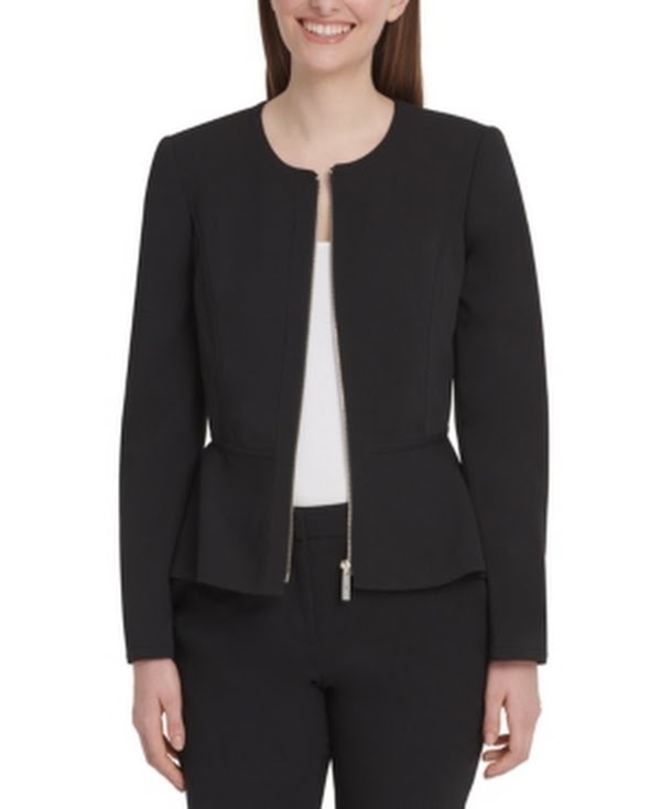Black zip-front peplum jacket with side pockets and structured long sleeves