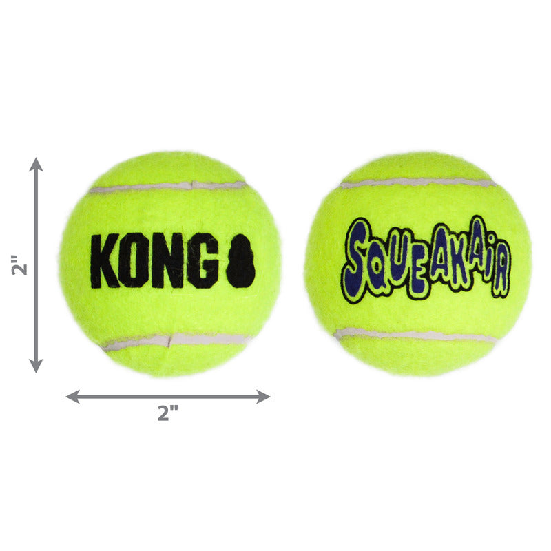Pair of Kong SqueakAir tennis balls, neon green with KONG and SqueakAir text