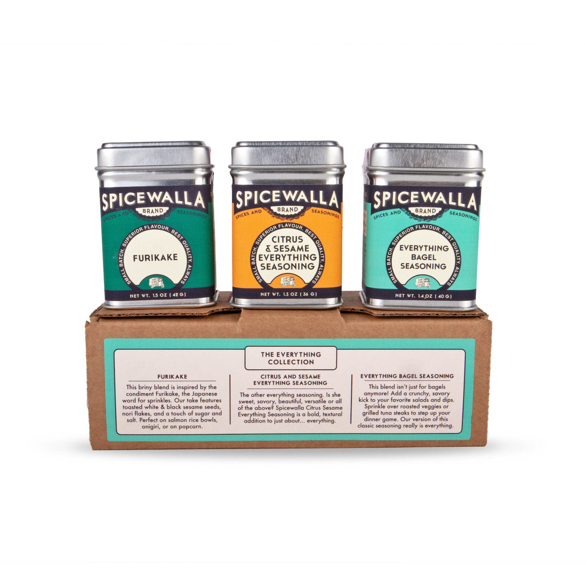 Three Spicewalla seasoning tins in front of the Everything collection box