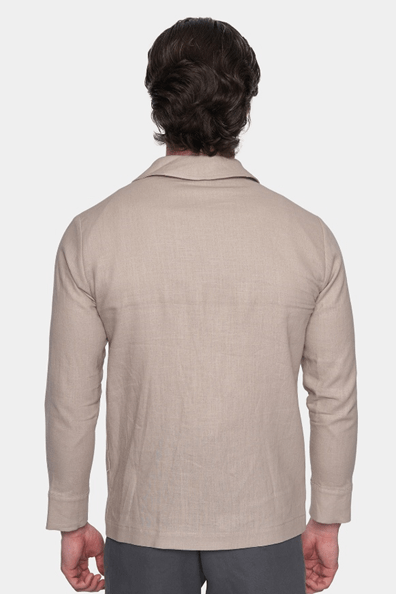 Men's slim safari coat in natural beige, back view with button placket and long sleeves