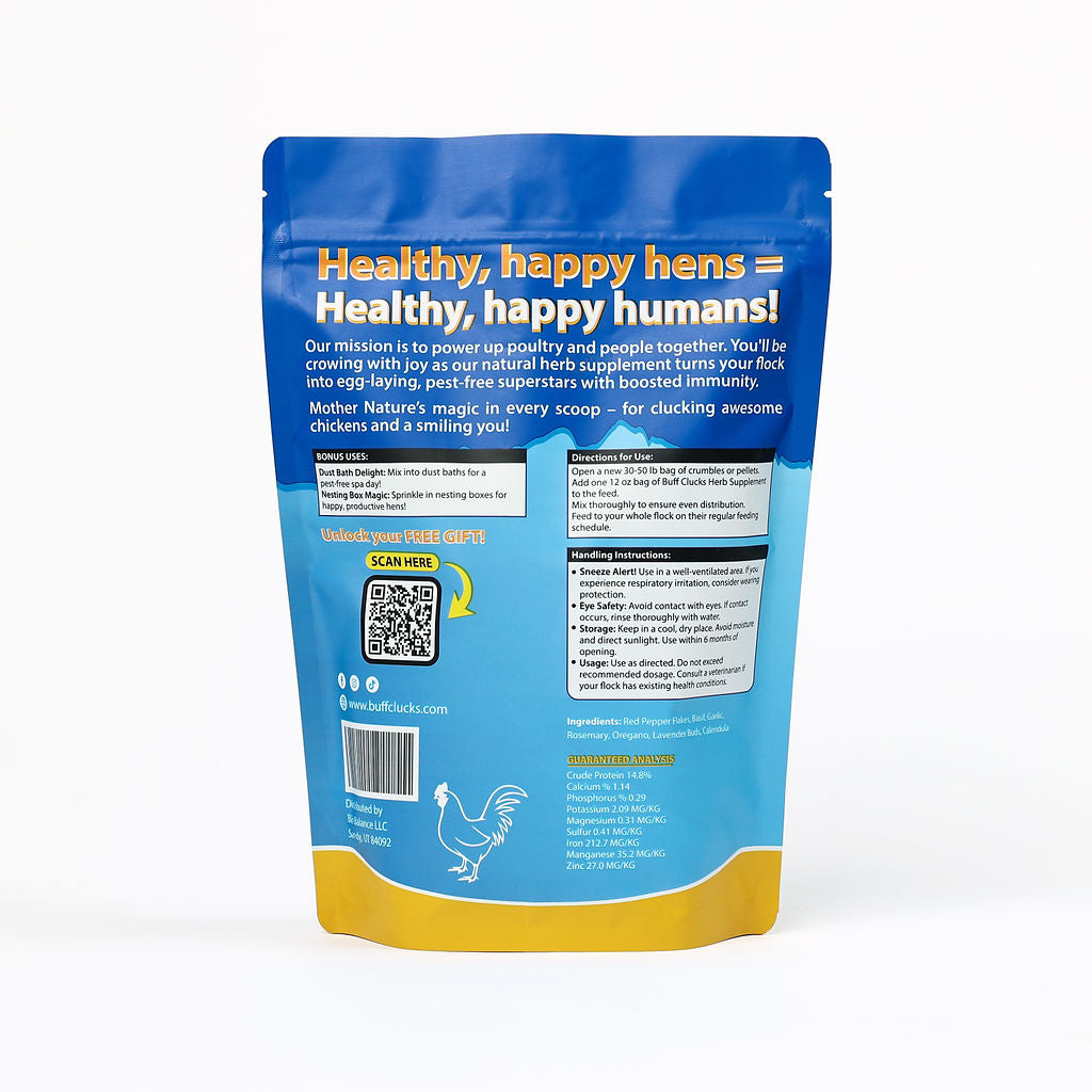 Herb supplement pouch back side, blue and yellow with feeding and handling information