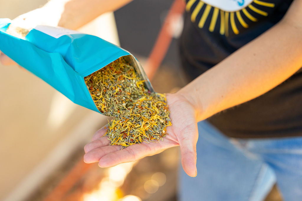 Hands holding a small pile of shredded herb flakes from a blue supplement pouch