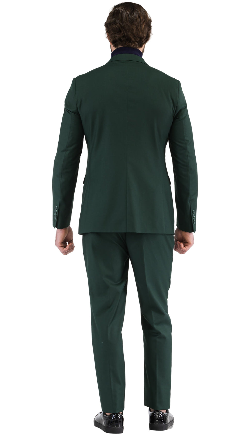 Men's hunter green slim-fit suit back view with matching jacket and trousers