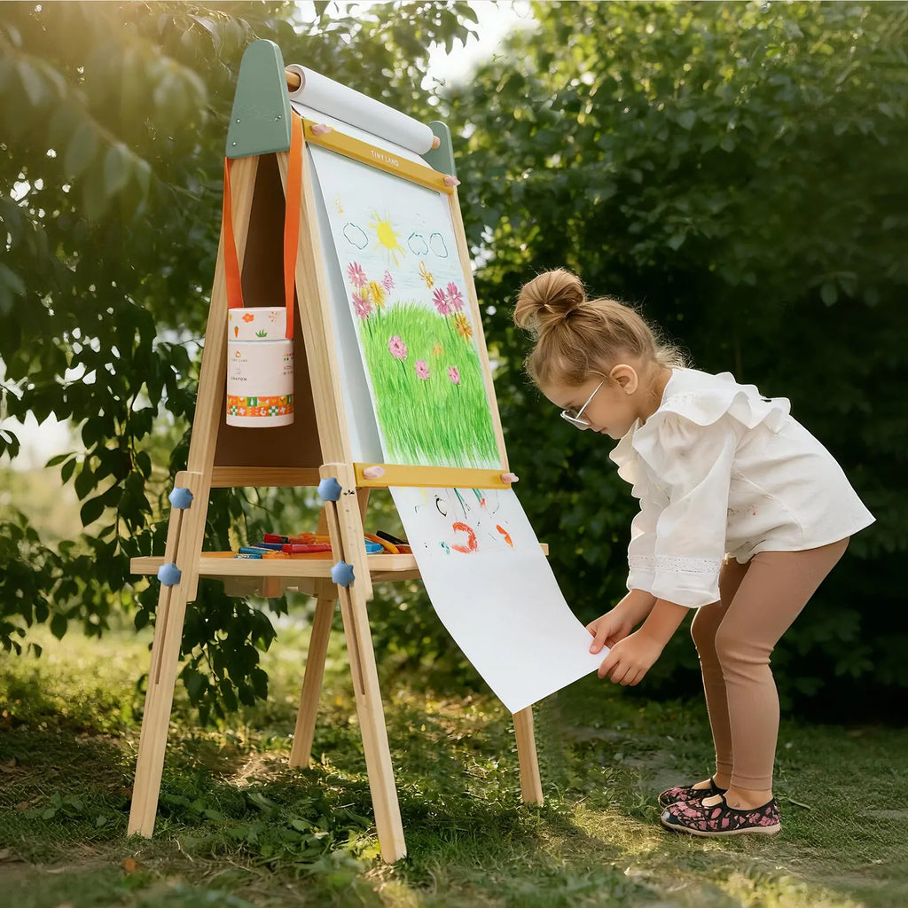 Kids 3-in-1 art easel with green side rails and two display boards