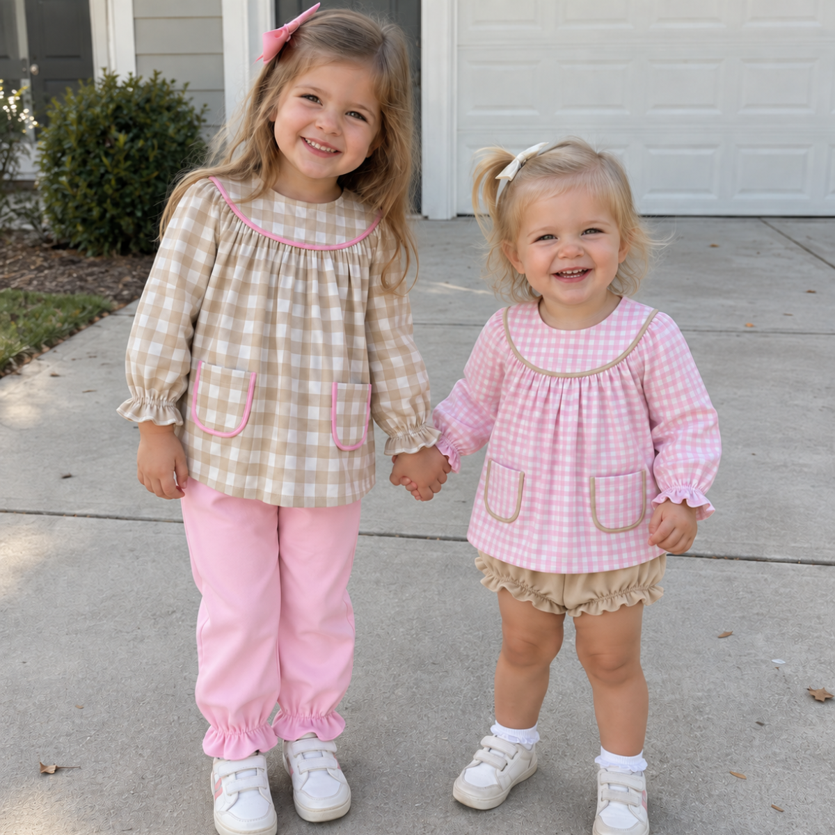 Girls gingham top and bloomer shorts set with pink trim and patch pockets