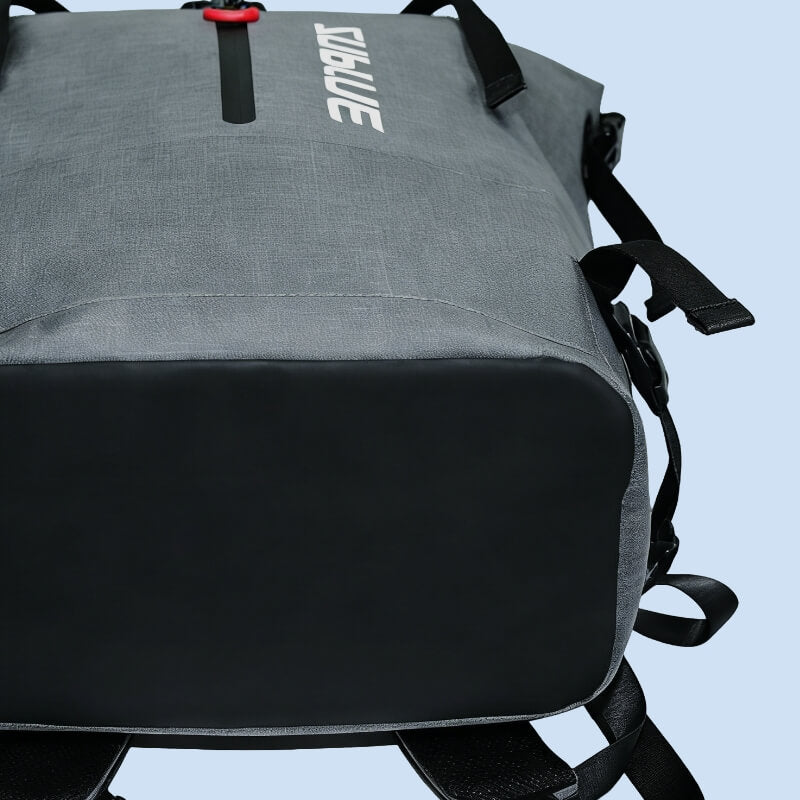 Gray waterproof backpack with side strap hardware and black base panel