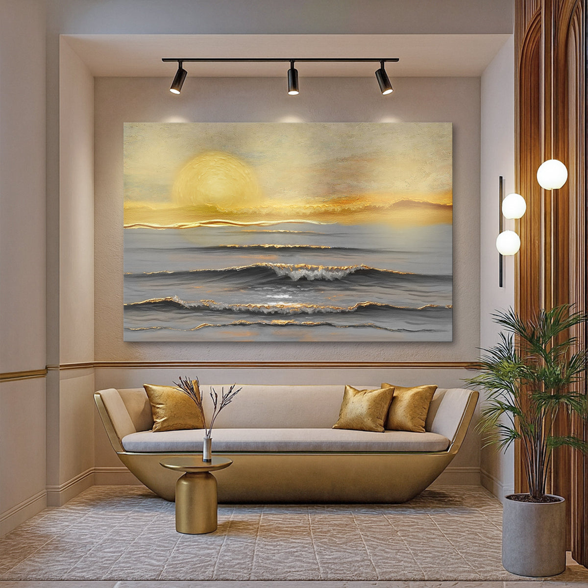 Seascape wall art canvas with a golden sun over waves above a bench and rug.