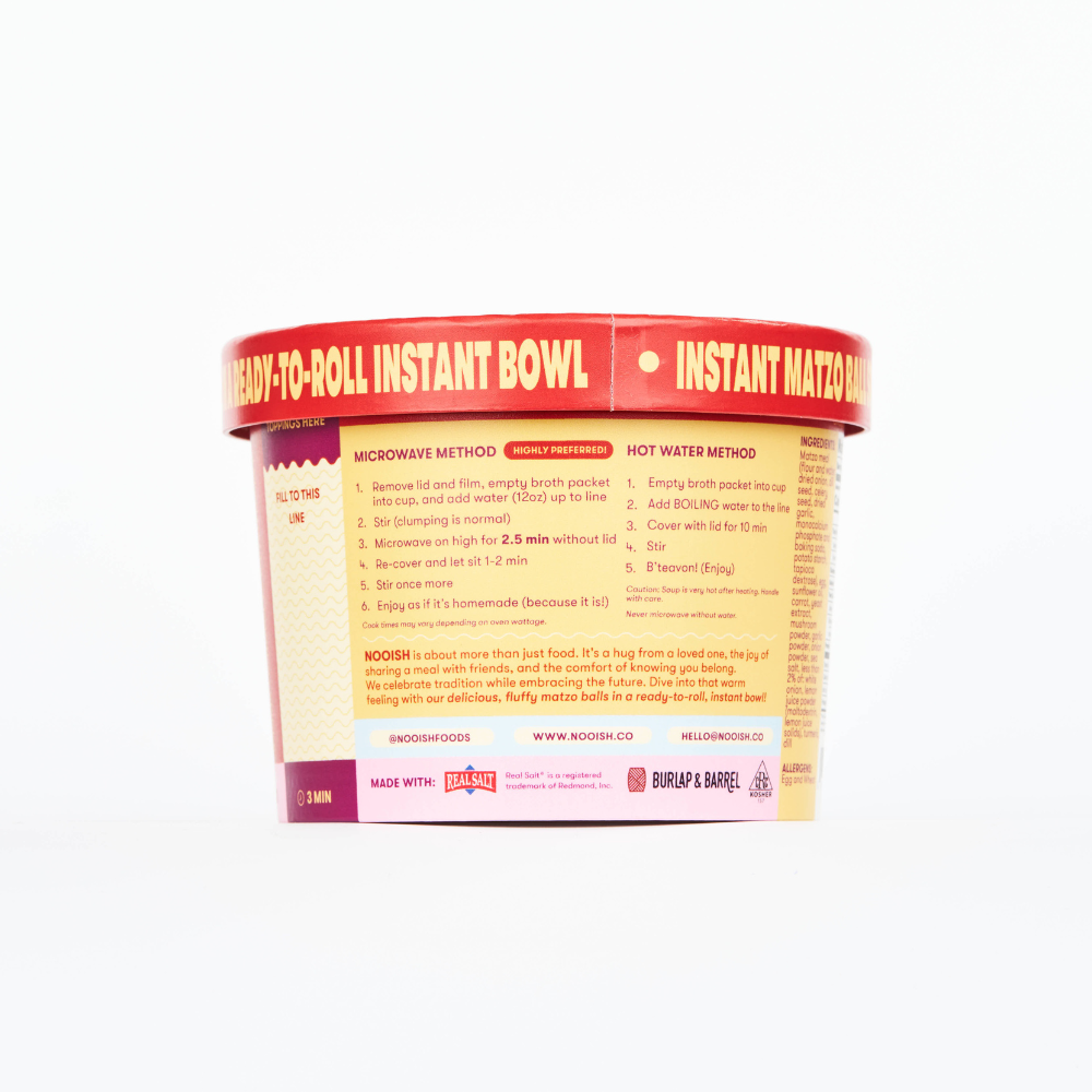 Soup cup back label with preparation steps for microwave or hot water