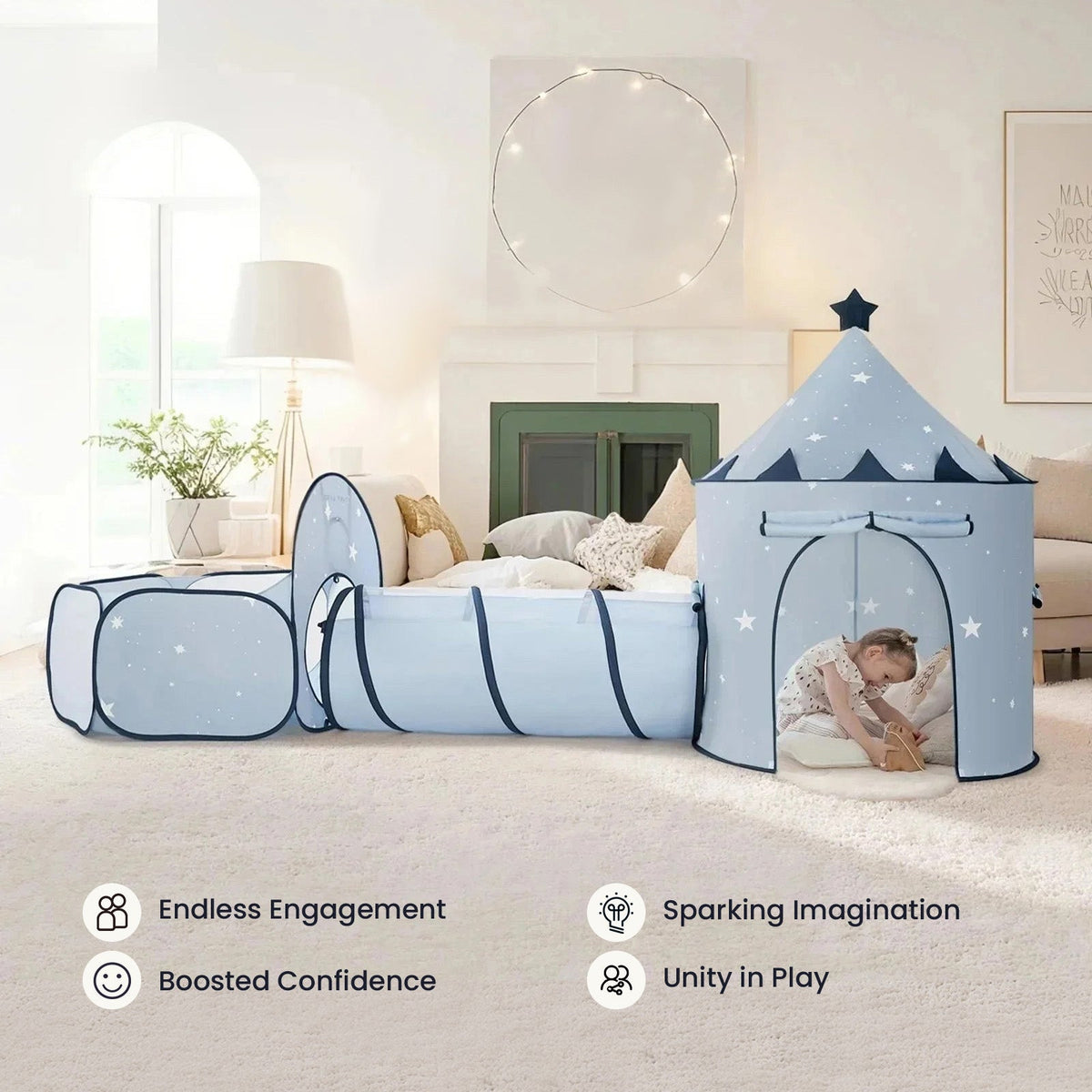 Blue fabric 3-in-1 play tunnel set with tunnel and pop-up play tent