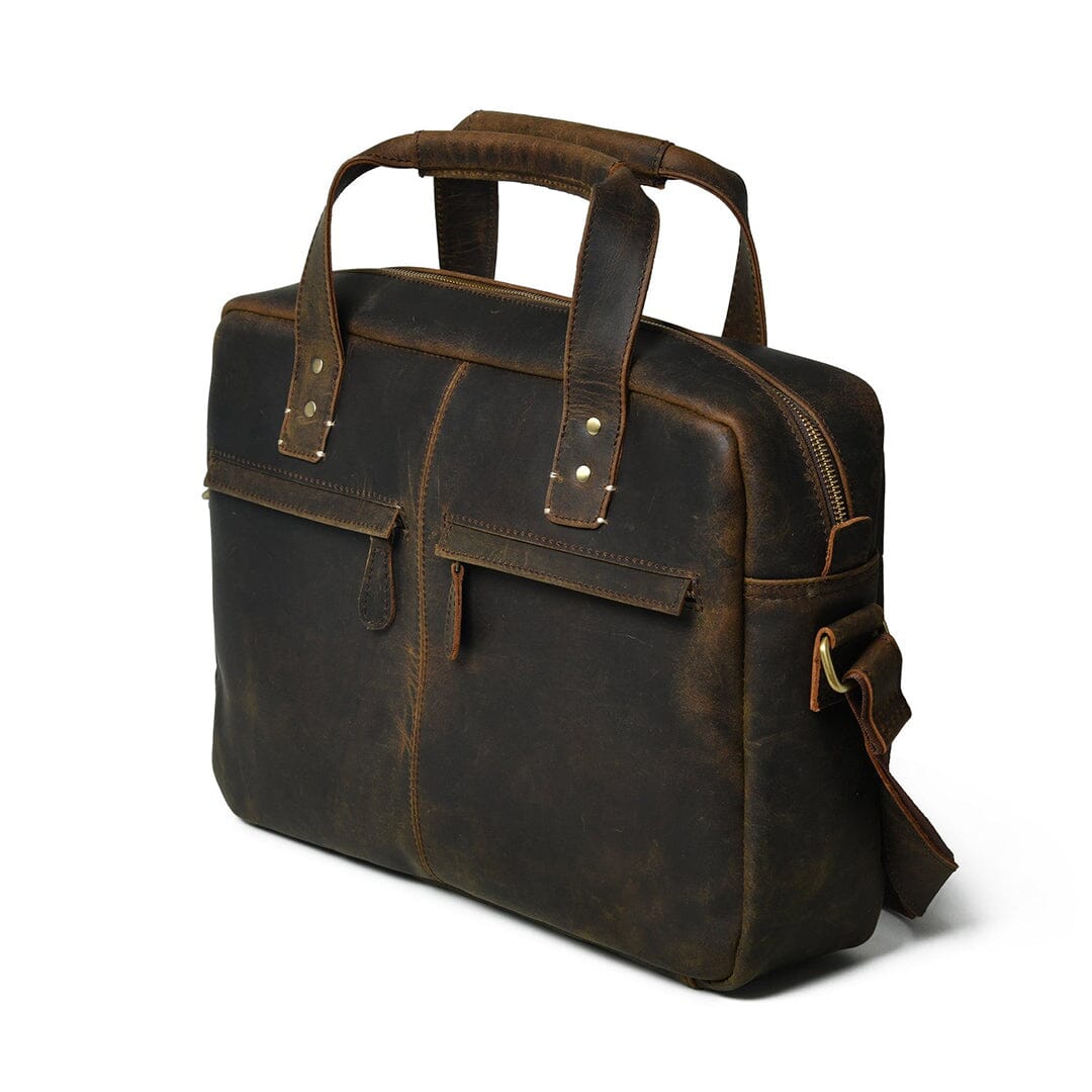 Dark brown leather briefcase with dual top handles and side buckle strap