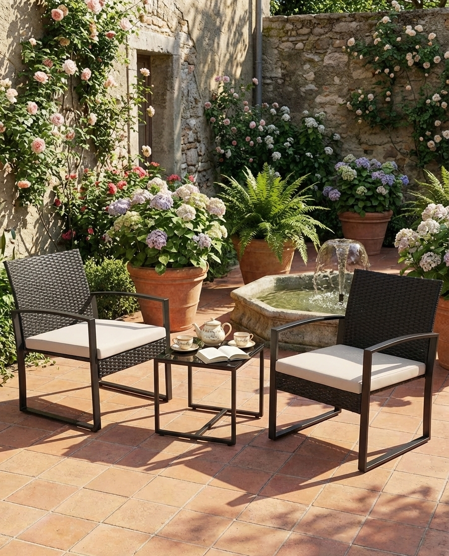 3-piece outdoor wicker patio set: two dark chairs, cream cushions, glass-top bar table