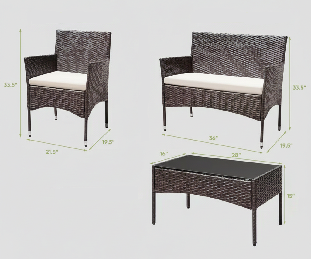 Brown wicker patio chairs and coffee table with white seat cushions and black legs