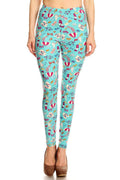 Beach-print brushed ankle leggings with colorful sea-life and tropical icons, turquoise