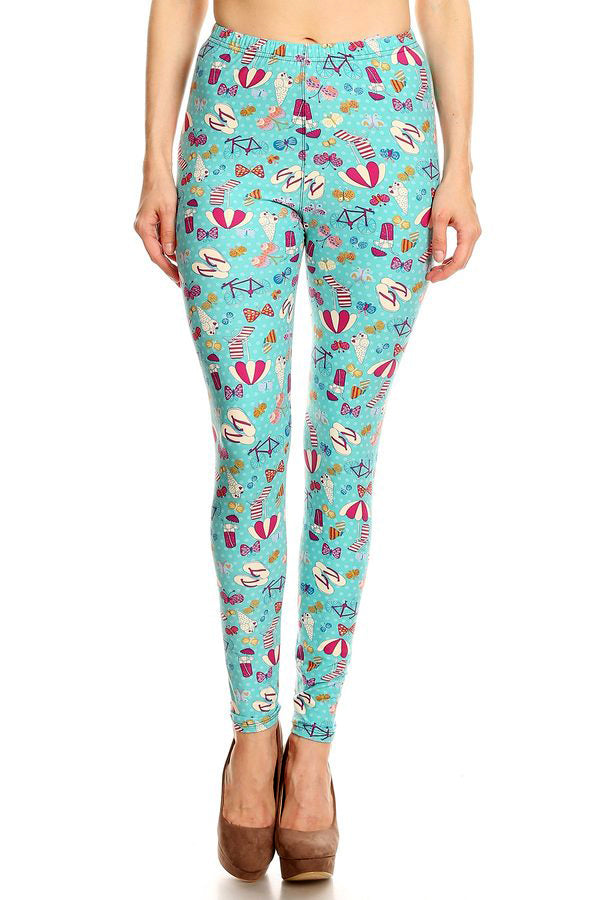 Beach-print brushed ankle leggings with colorful sea-life and tropical icons, turquoise