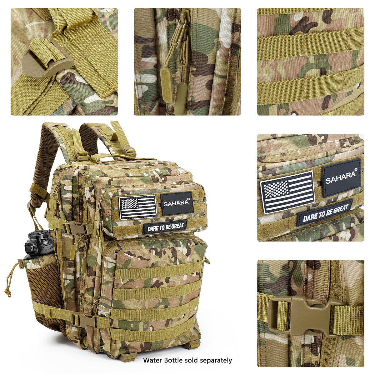 Camouflage tactical travel backpack with front patches, zipper pockets, and side utility loops.
