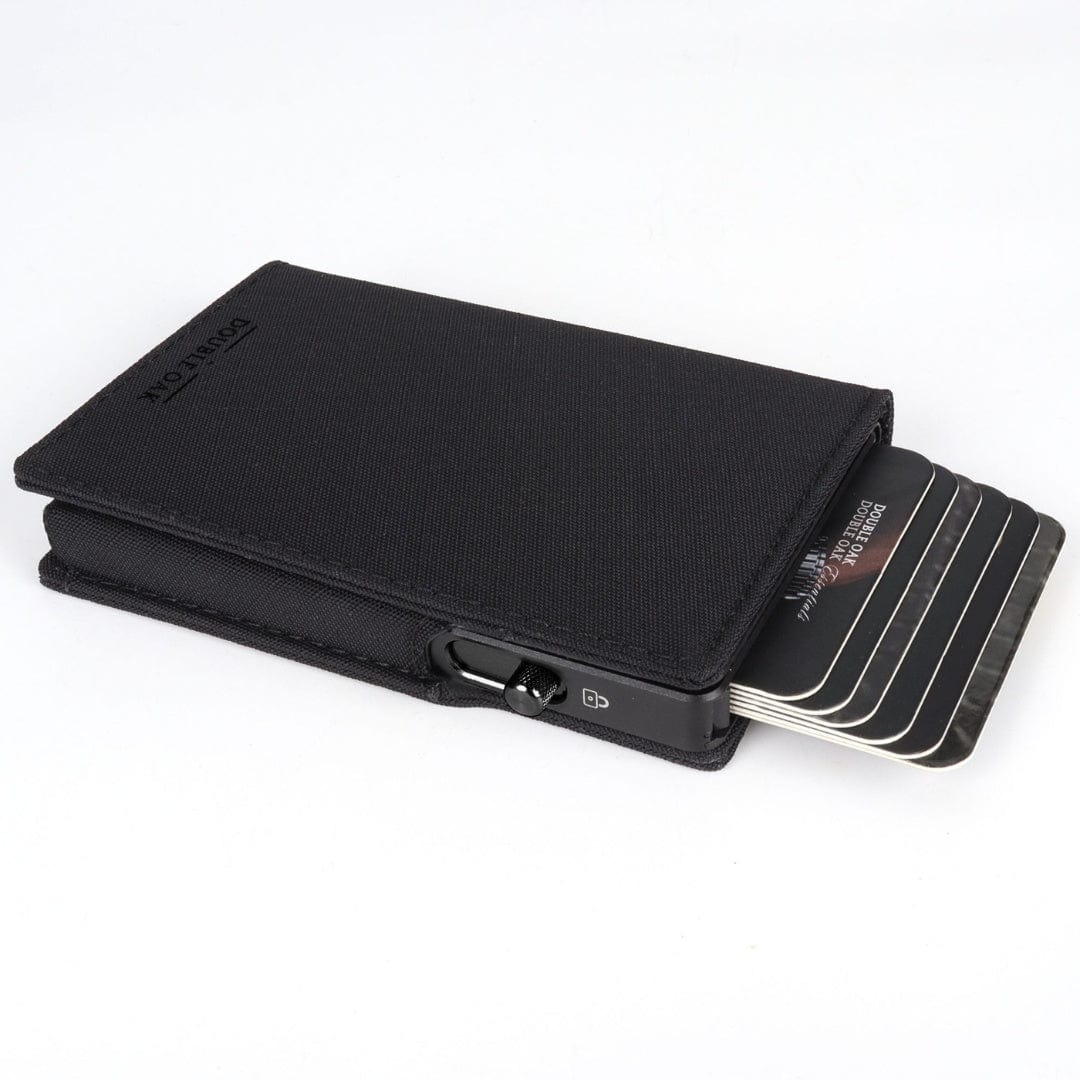 Black bifold wallet with stitched flap, card slots, and round metal snap