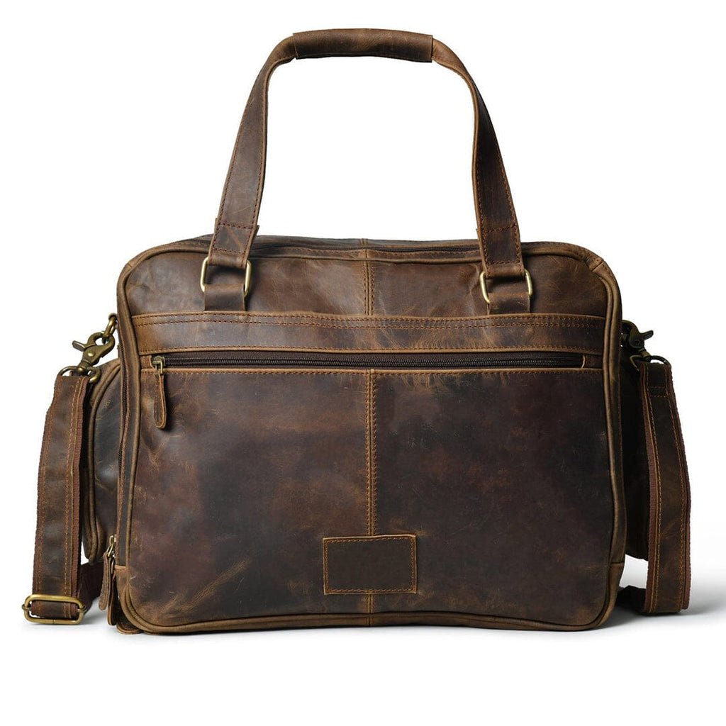 Brown buffalo leather briefcase with dual handles and front center organizer panel