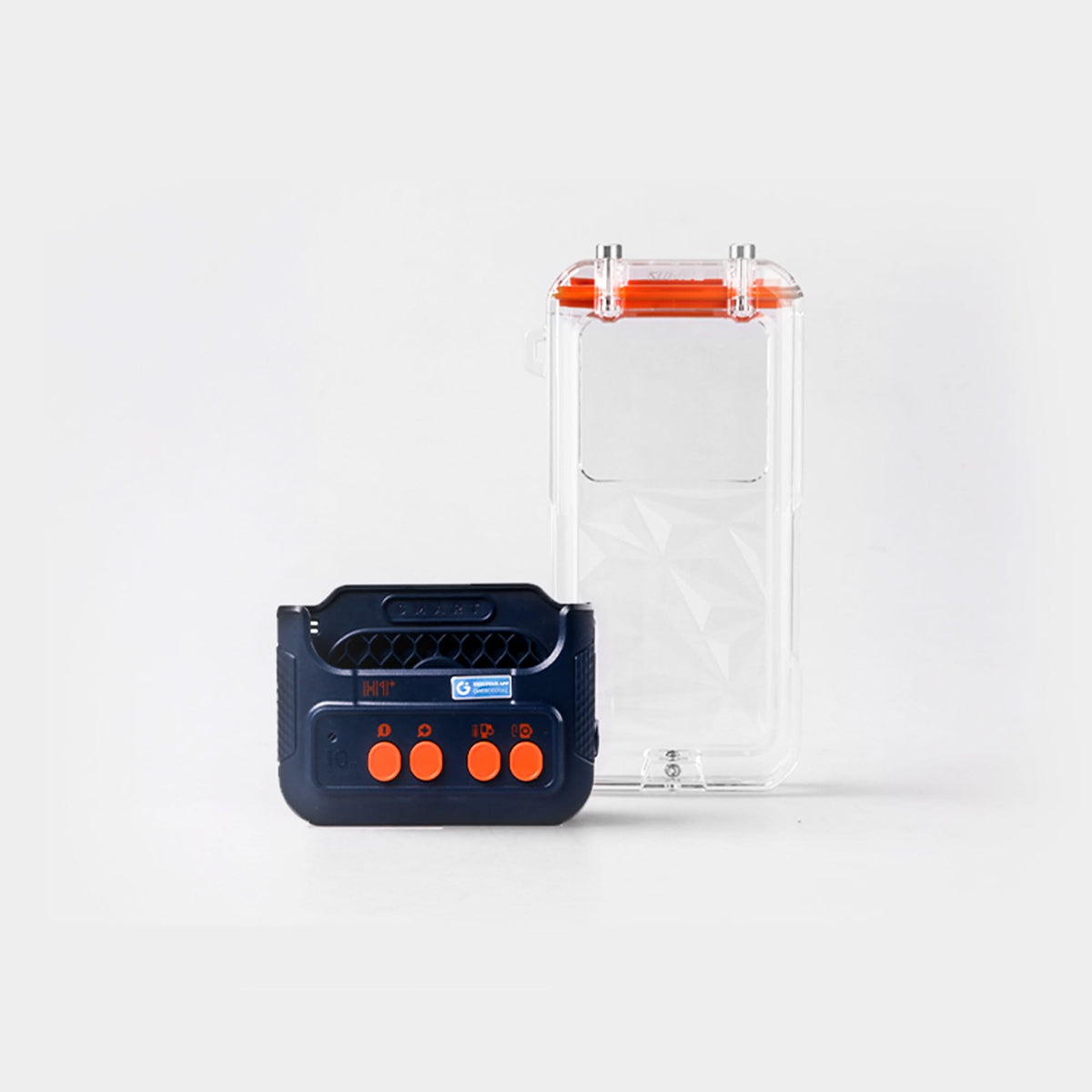 Waterproof phone case base with dark control panel next to clear protective cover.