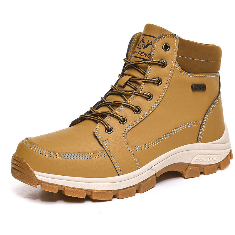 Tan and yellow men's lace-up winter boots with padded collar, stitch detail, and thick outsole