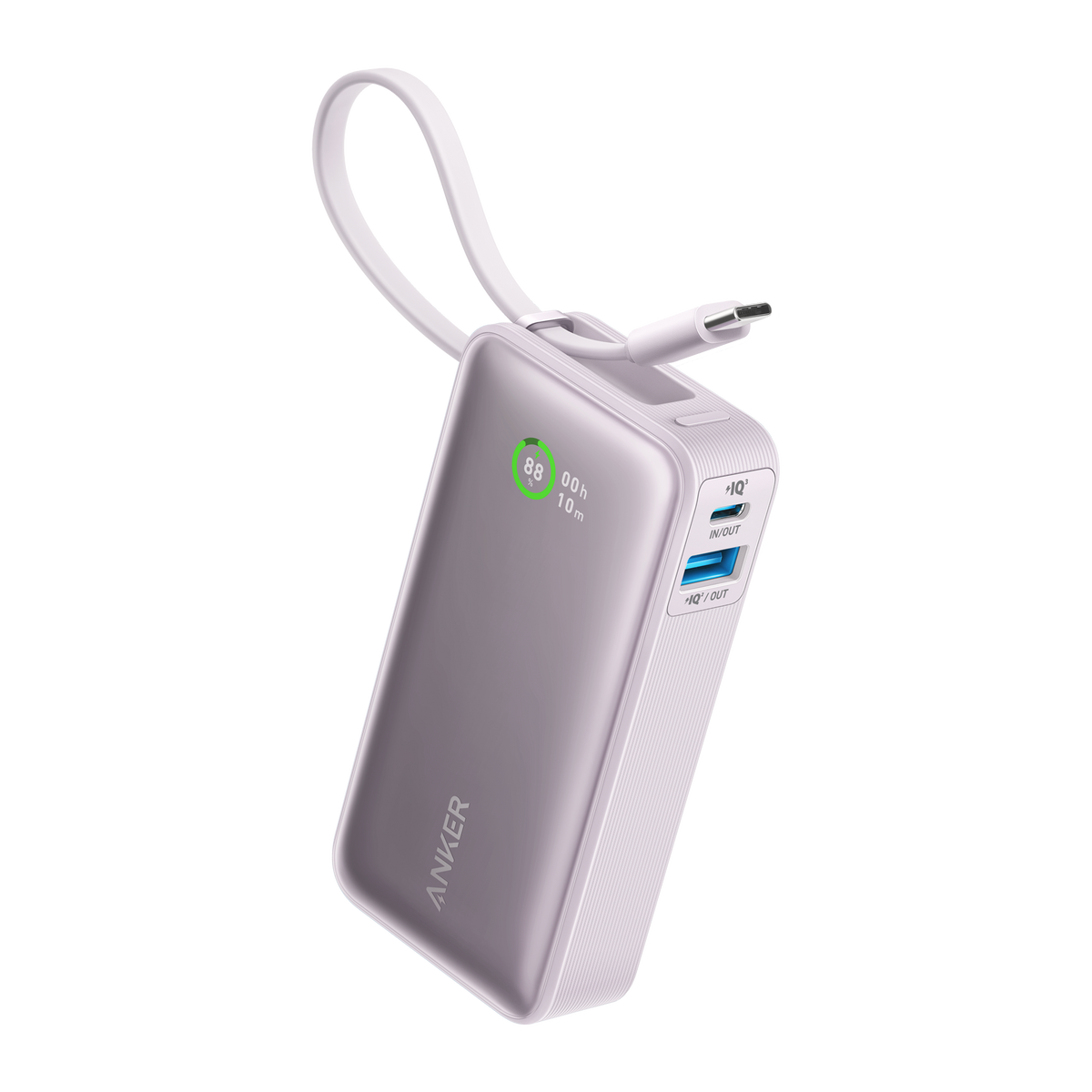 Portable power bank with built-in USB-C cable, lilac purple, cable and ports visible