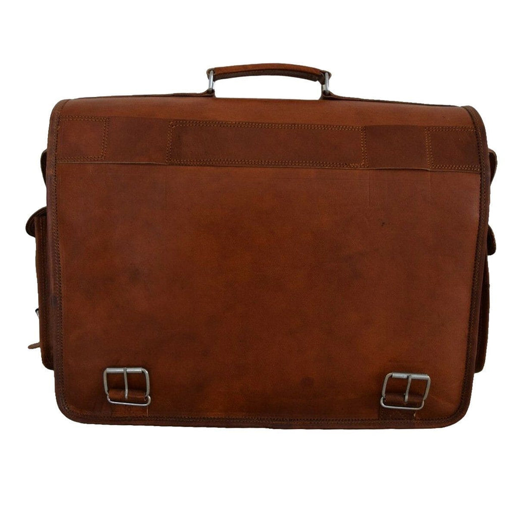 Brown leather messenger backpack back view with top handle and front buckle hardware