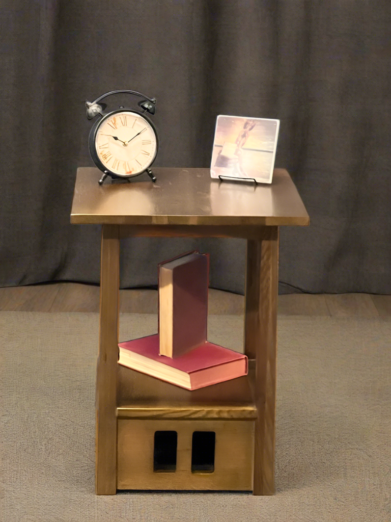 Wood taboret end table with square top, open lower shelf, and two front cutout panels.