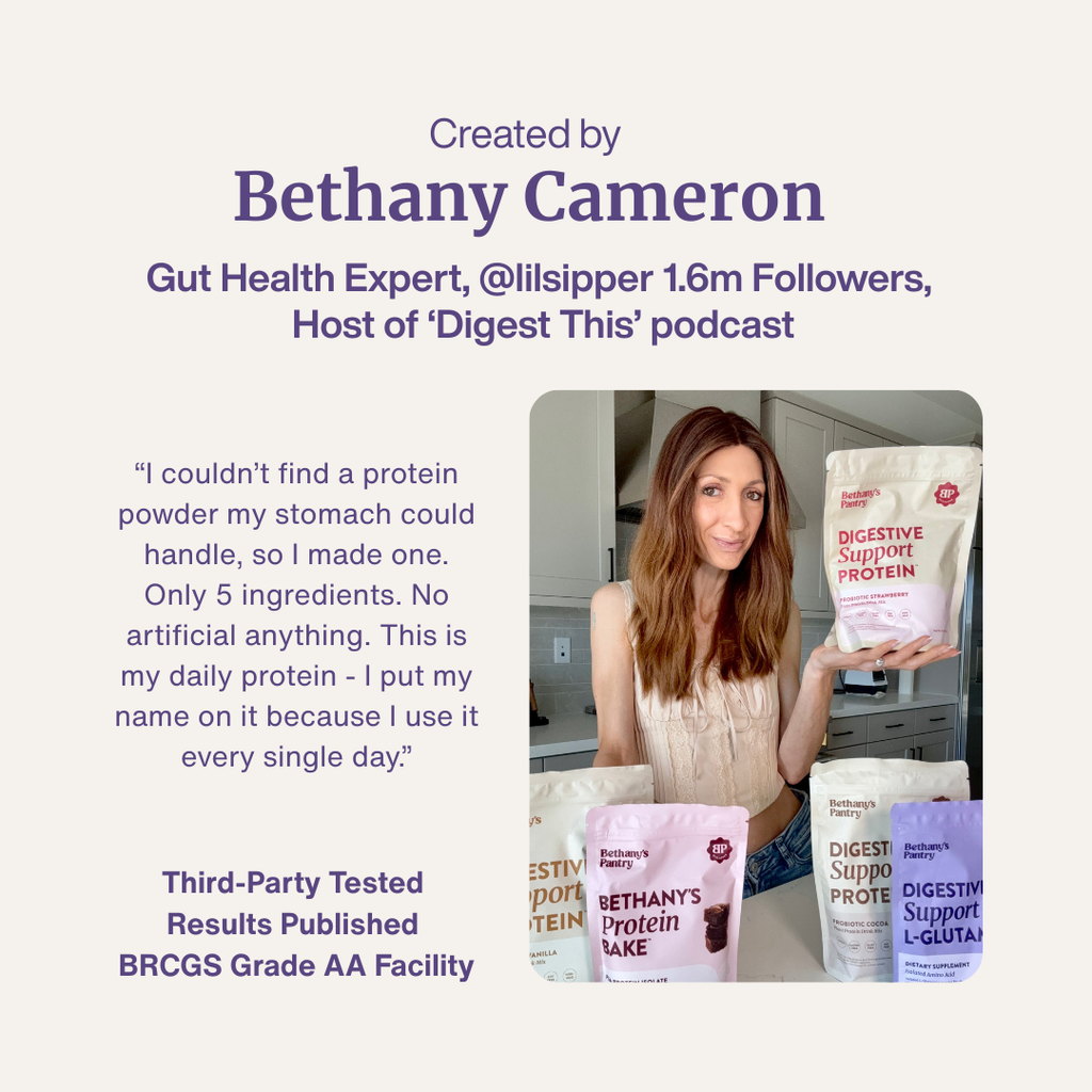 Digestive Support Protein pouch held by woman, with multiple matching protein pouches nearby