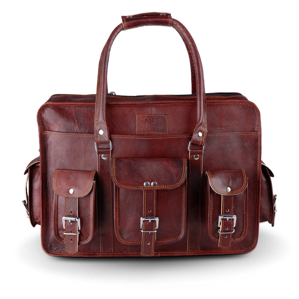 Brown leather briefcase with central flap pocket and three buckle straps on sides