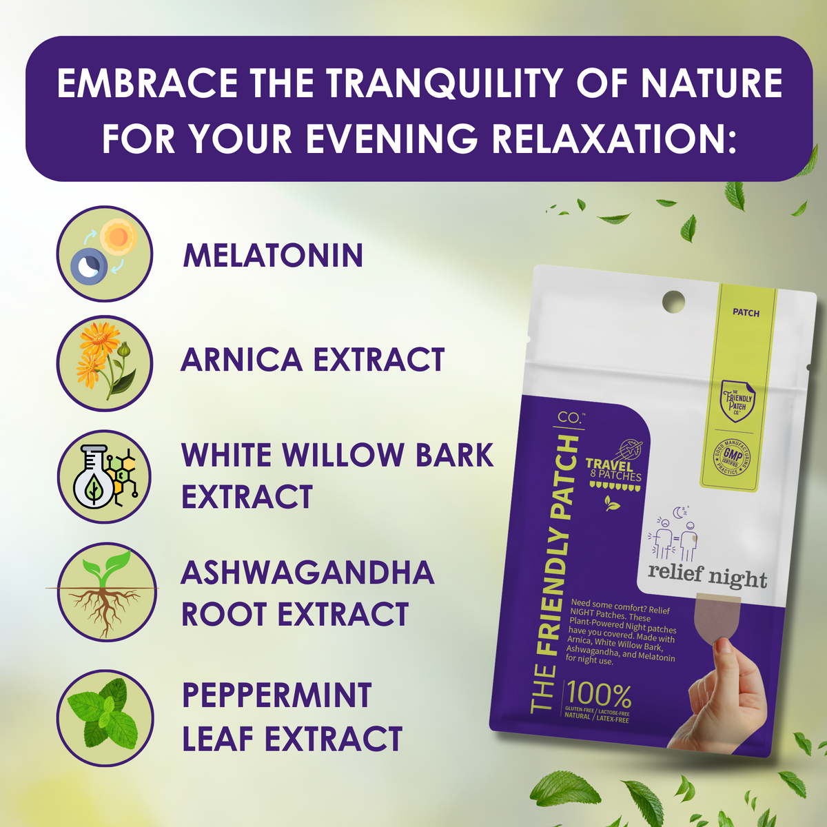 Relief night patch pouch with melatonin and arnica extract on front panel