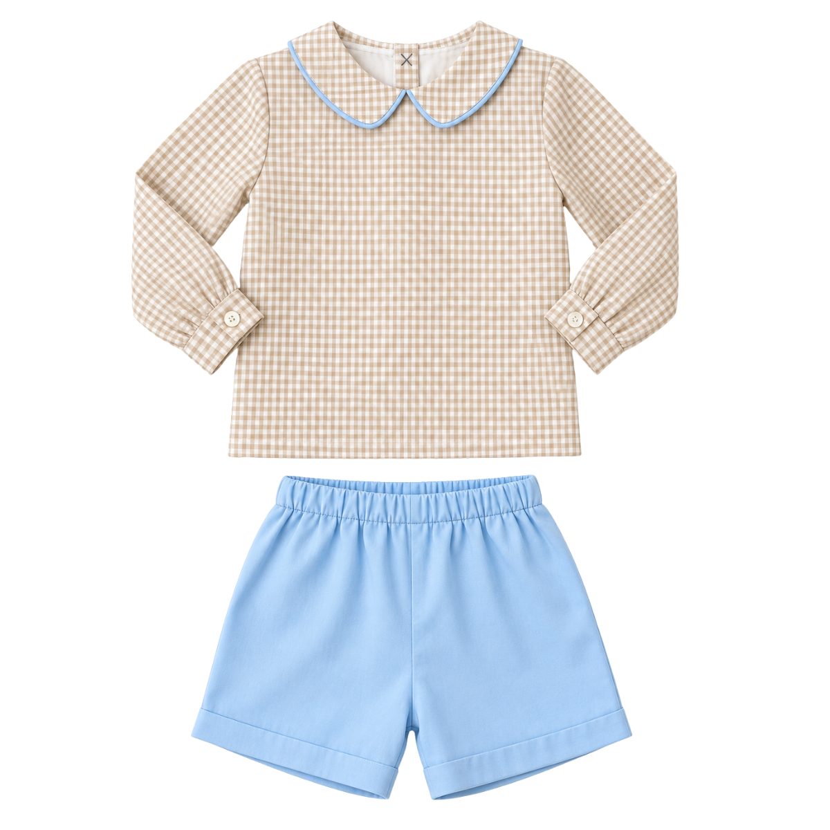 Boys gingham shirt with blue collar and light blue shorts set
