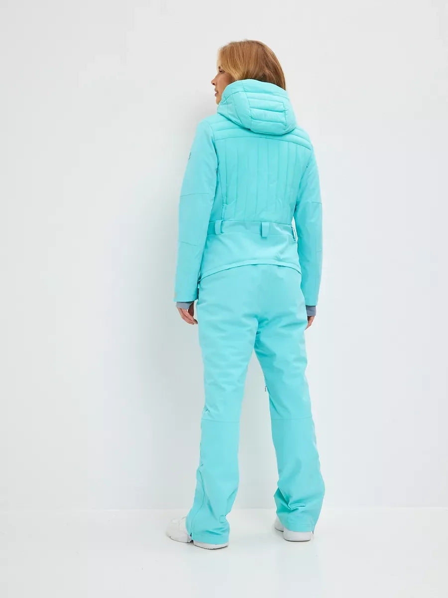 Mint waterproof insulated ski jumpsuit back view with hood and full-length legs.