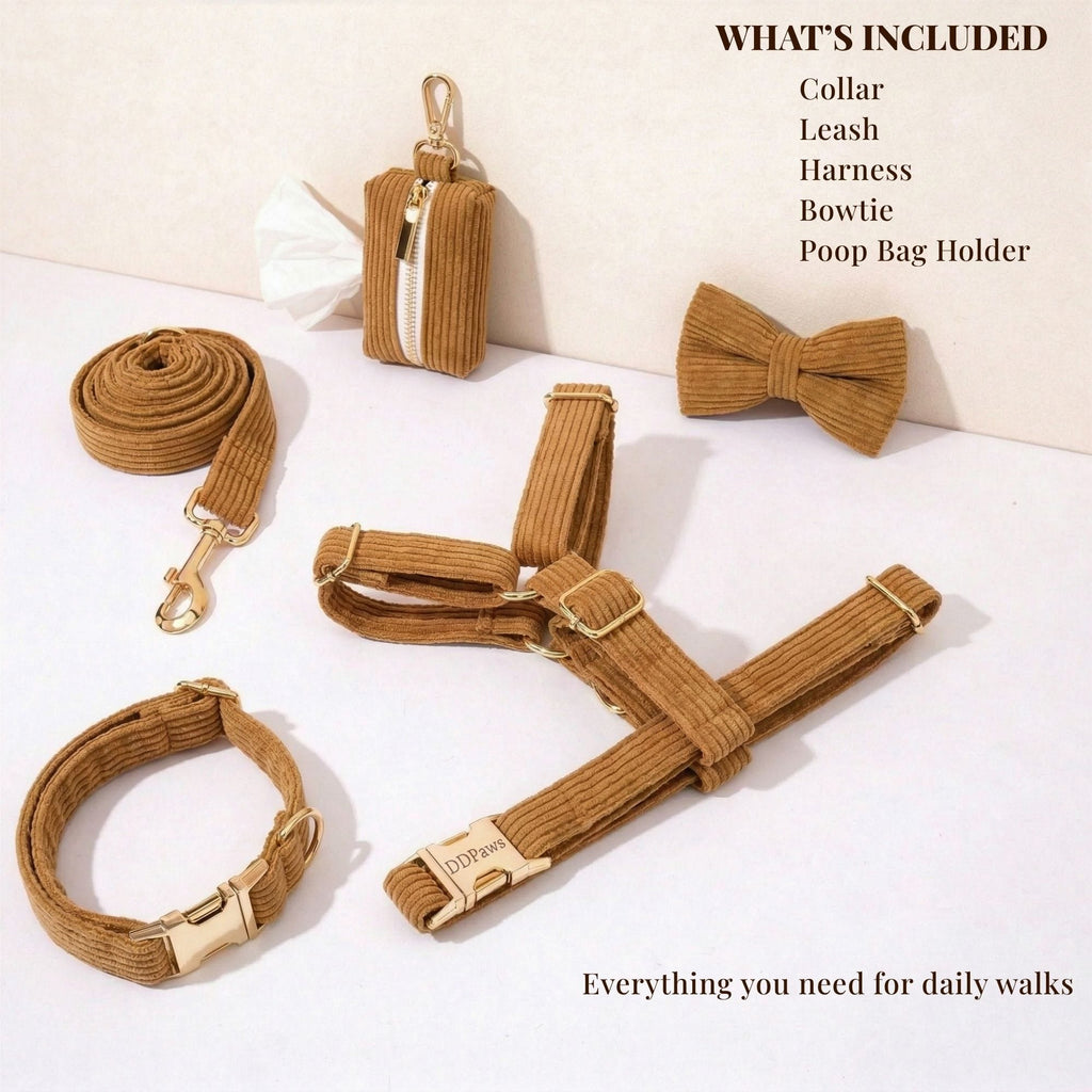 Caramel corduroy dog walking set: collar, leash, harness, bowtie, and poop bag holder