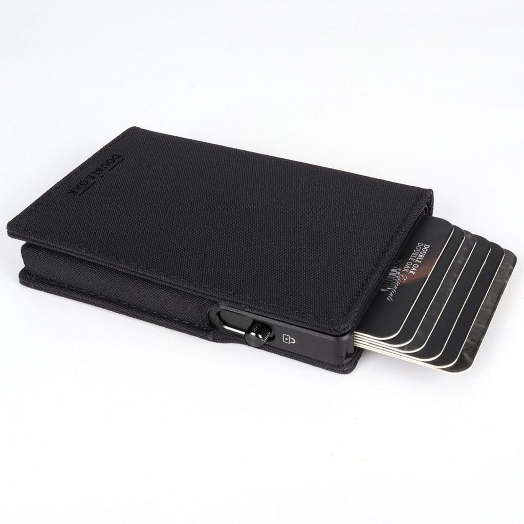 Black fabric bifold wallet with snap closure and visible card slots