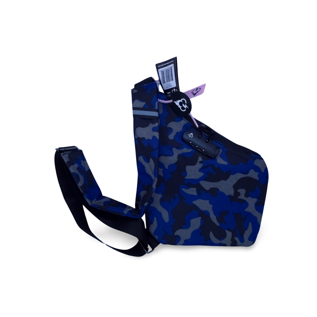 Smell proof crossbody bag side view in blue camo with strap and hanging tag