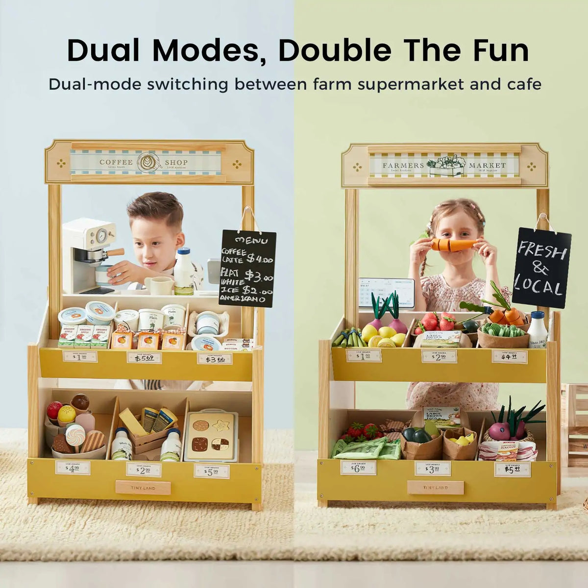 Tiny Land® kids playset shown in two modes: cafe and farmers market styles