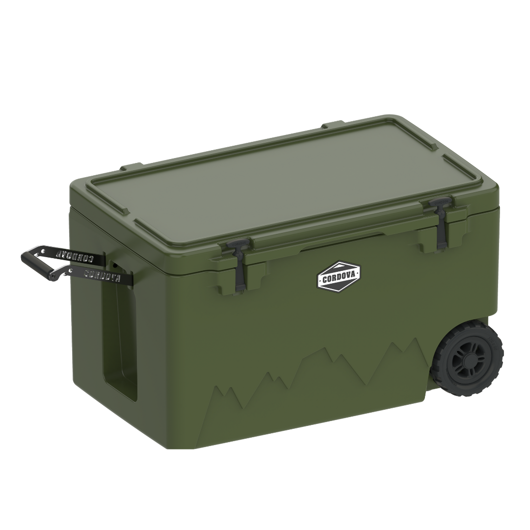 125 qt wheeled cooler with hinged lid, drain plug, and side carry handle; dark green