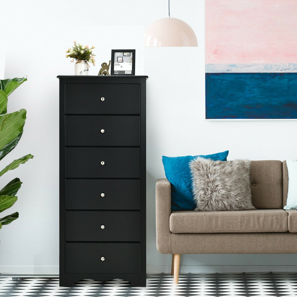 Black 6-drawer chest dresser with stacked drawers and round metal knobs.