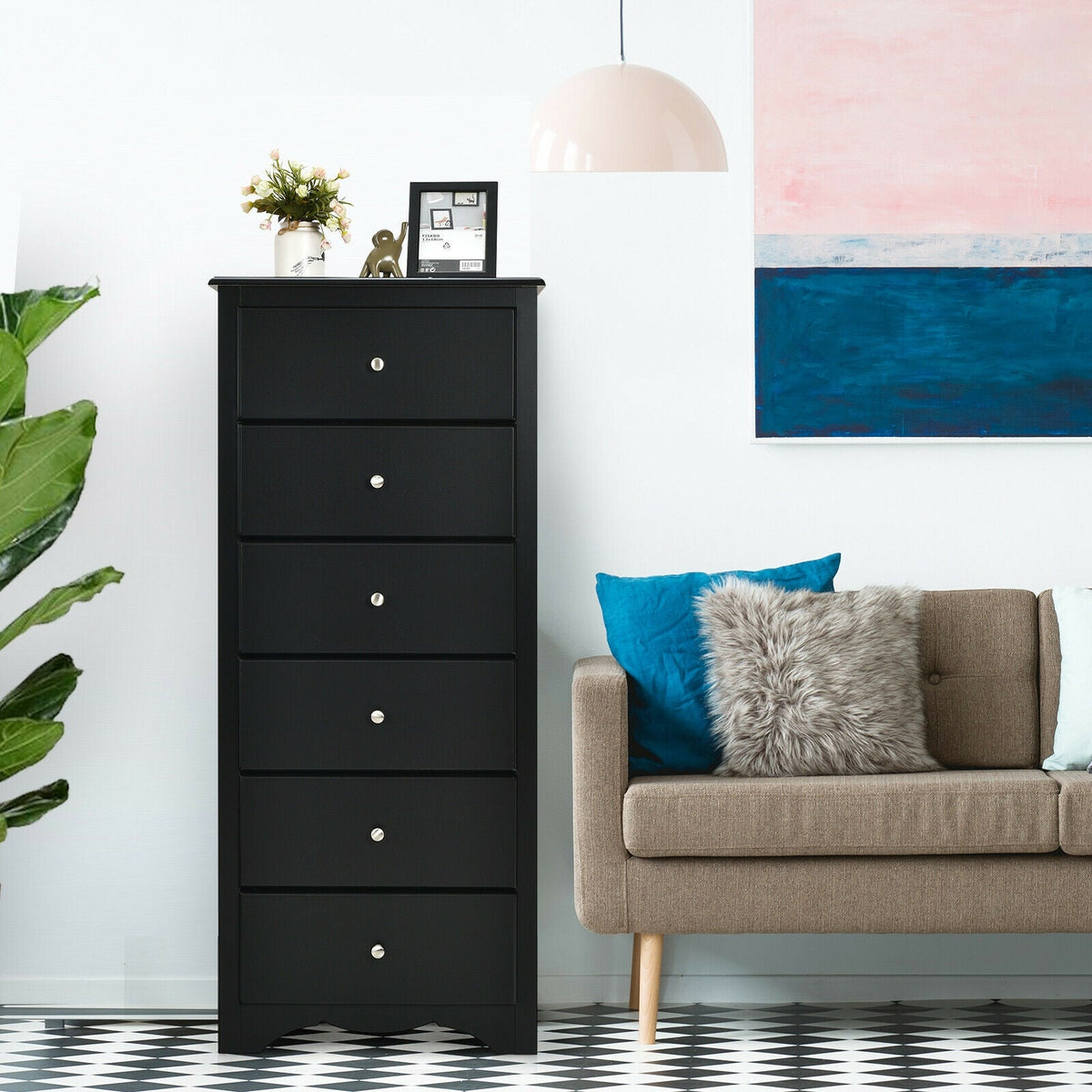 Black 6-drawer chest dresser with stacked drawers and round metal knobs.