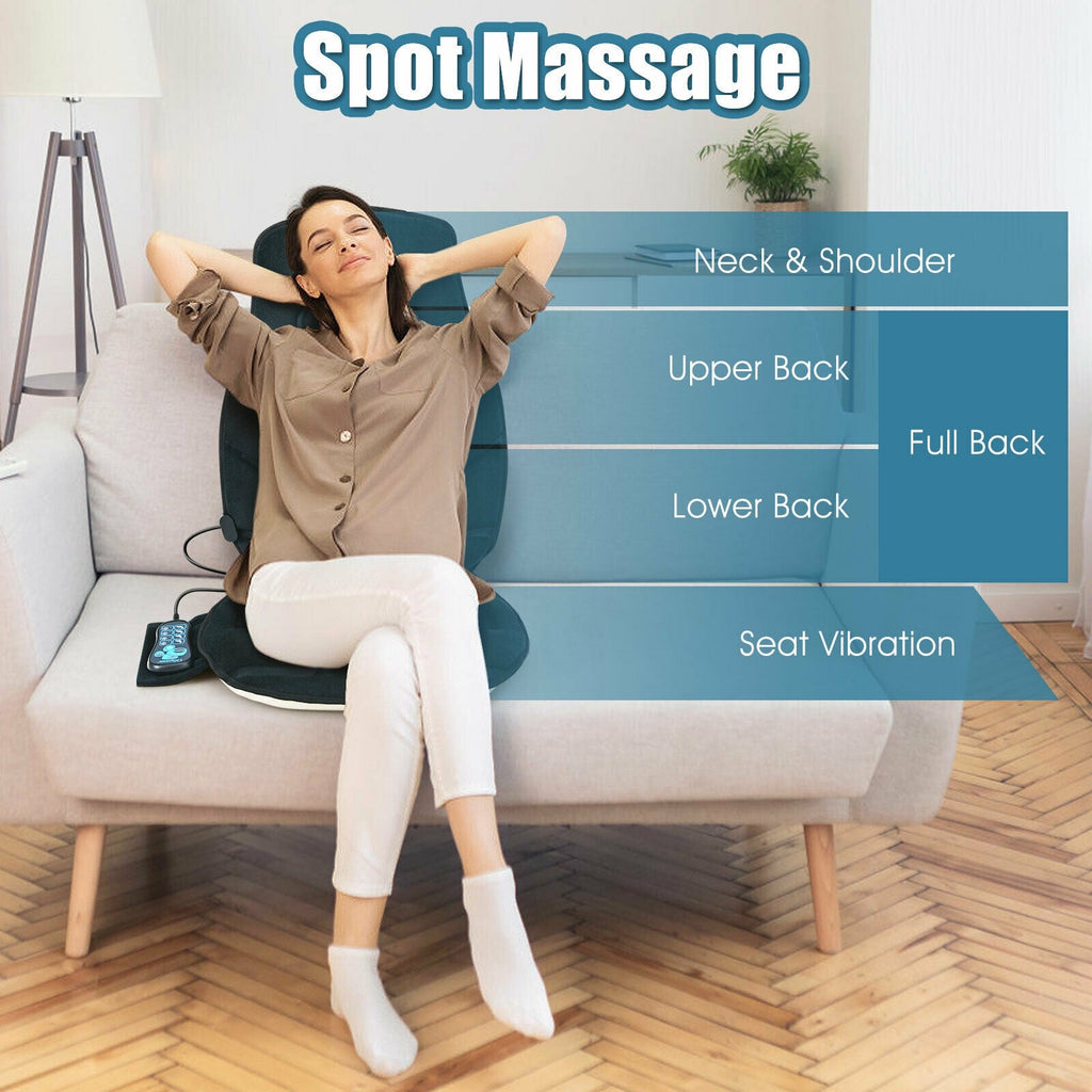 Seat cushion massager with heat and massage settings, placed on a sofa chair.
