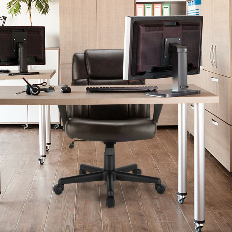 Dark leather executive office chair with armrests, rolling base, and cushioned seat back.