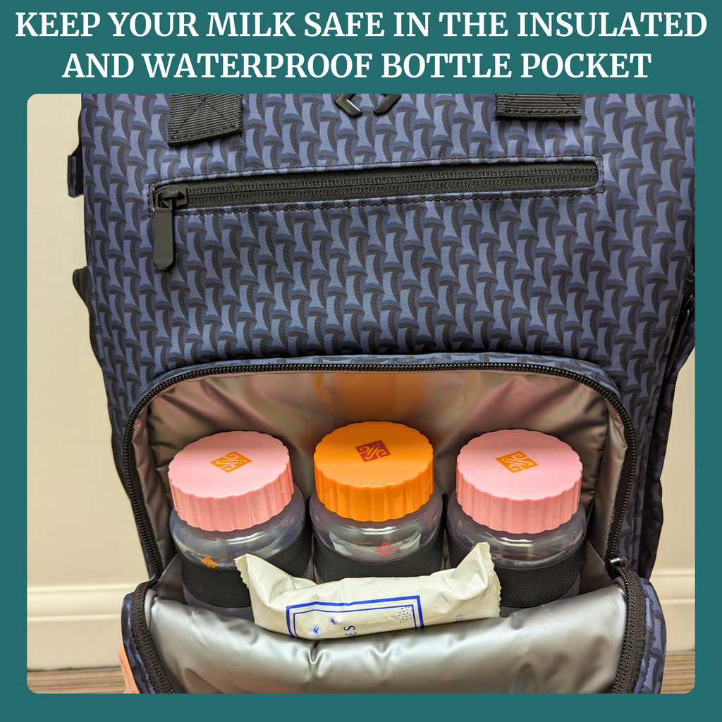 Insulated bottle pocket inside breast pump bag backpack, holding three capped bottles