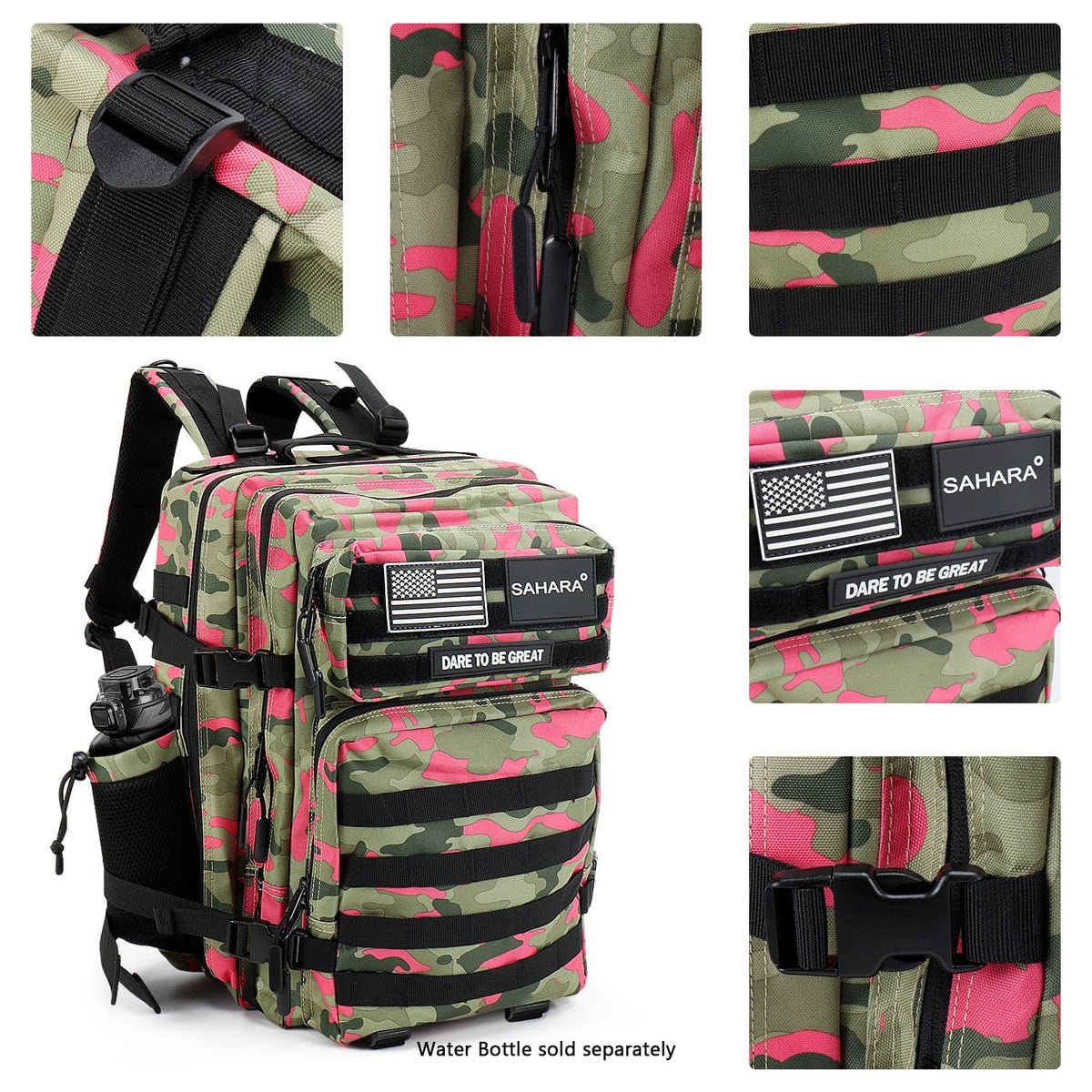 Pink and green camo travel laptop backpack with front pocket and pink trim bands