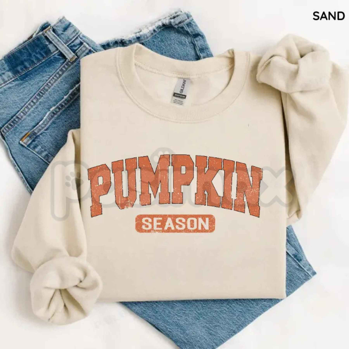 Sand beige sweatshirt with 'Pumpkin Season' graphic and long sleeves