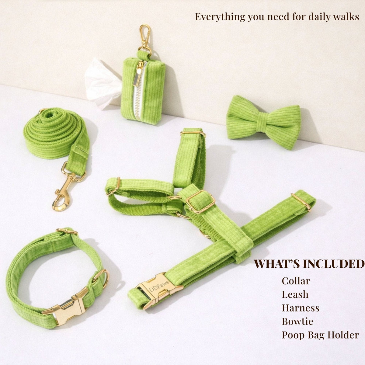 Apple green corduroy walk set with collar, leash, harness, and bow tie pieces