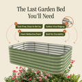 Modern green metal raised garden bed with ribbed sides, grid base, and corner supports
