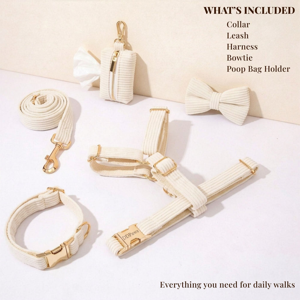 White corduroy dog set with collar, leash, harness, bowtie, and poop bag holder accessories