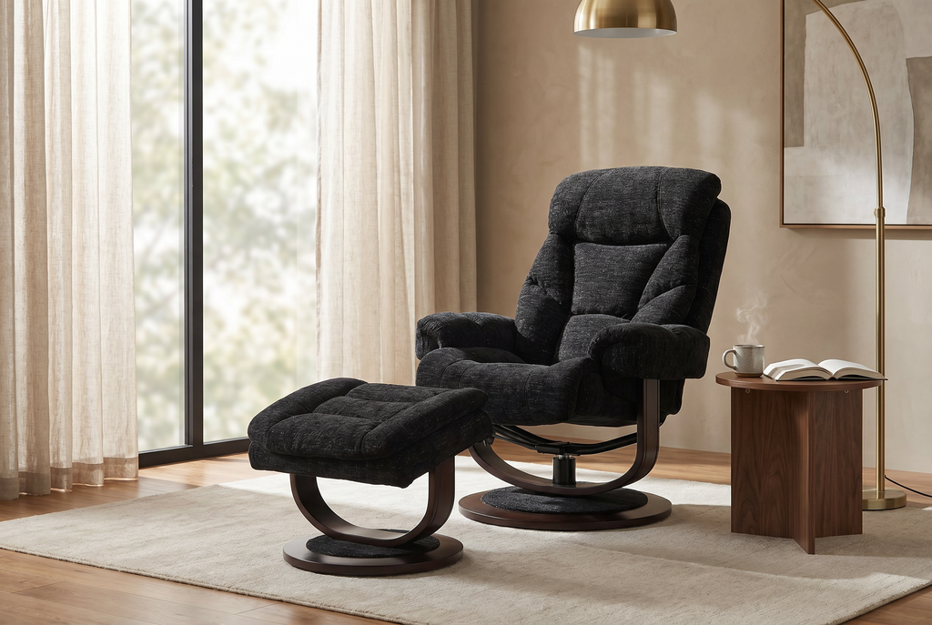 Dark charcoal recliner chair with ottoman, high back and thick padded arms